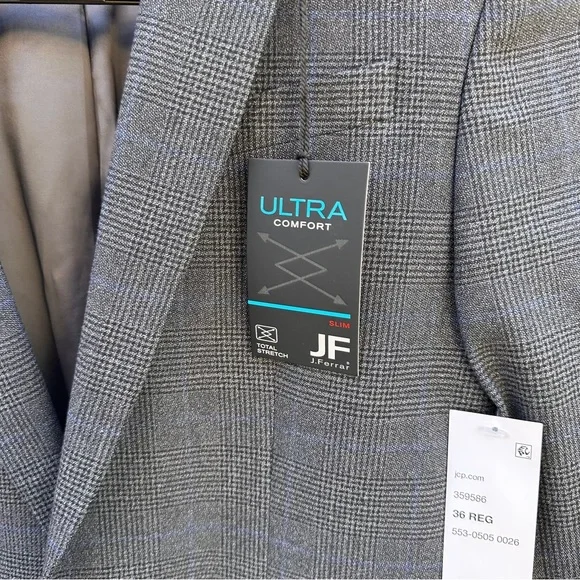 JF Ferrar Charcoal Glen Suit Jacket Blazer Slim Fit Comfort Mens 36 REG NEW $200